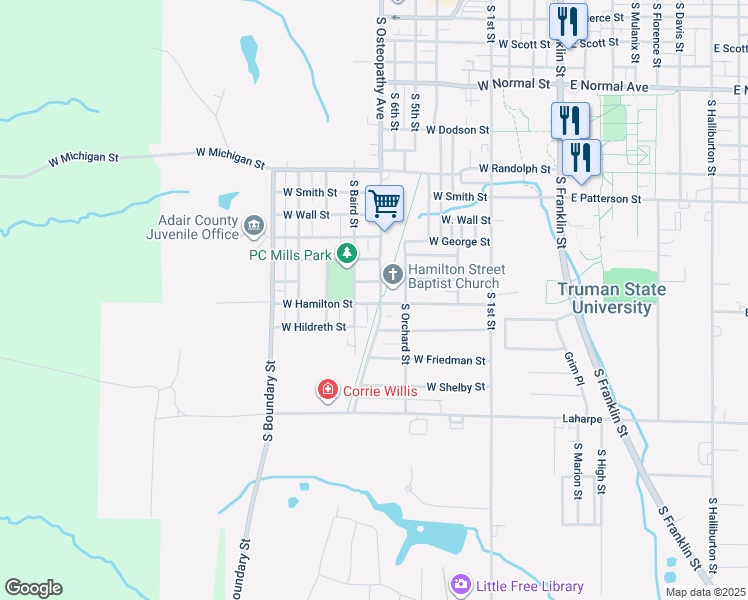 map of restaurants, bars, coffee shops, grocery stores, and more near 1673 West Hamilton Street in Kirksville