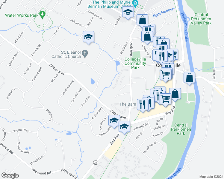 map of restaurants, bars, coffee shops, grocery stores, and more near 141 Heritage Drive in Collegeville
