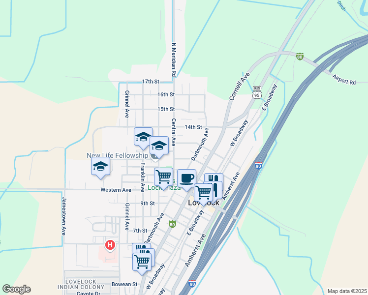 map of restaurants, bars, coffee shops, grocery stores, and more near 430 13th Street in Lovelock