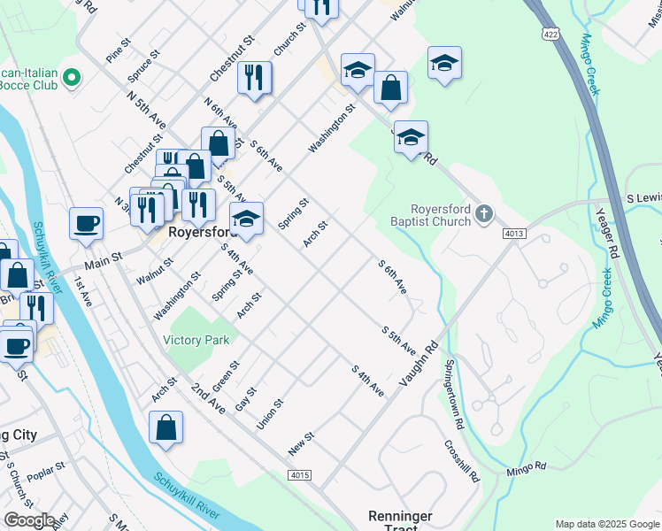 map of restaurants, bars, coffee shops, grocery stores, and more near 524 Green Street in Royersford