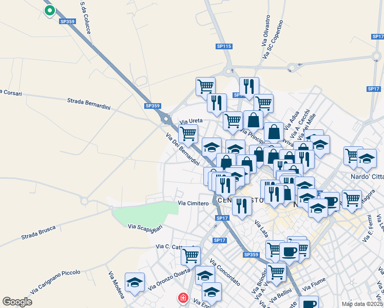 map of restaurants, bars, coffee shops, grocery stores, and more near Via Reno in Nardò