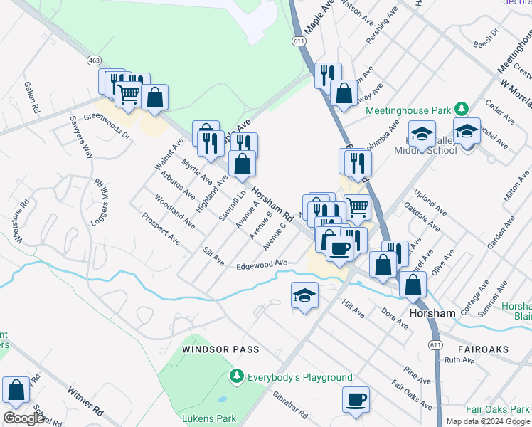 map of restaurants, bars, coffee shops, grocery stores, and more near 402 Avenue B in Horsham