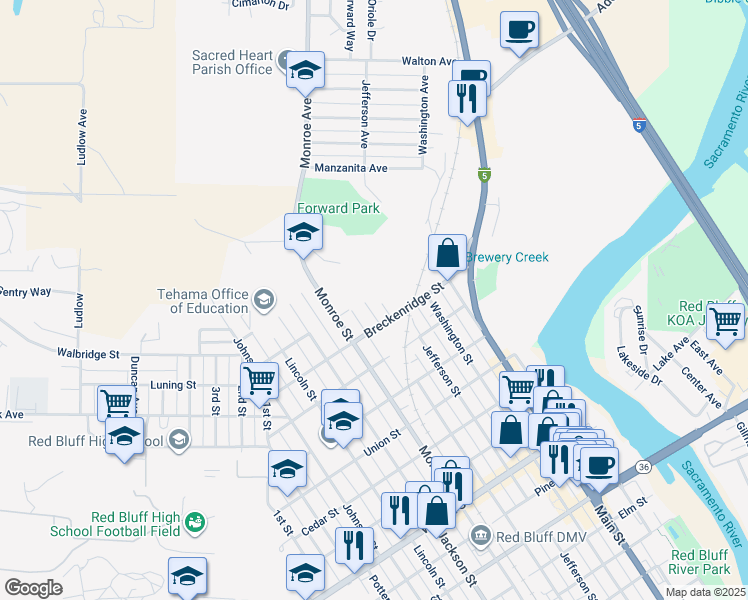 map of restaurants, bars, coffee shops, grocery stores, and more near 1448 Madison Street in Red Bluff