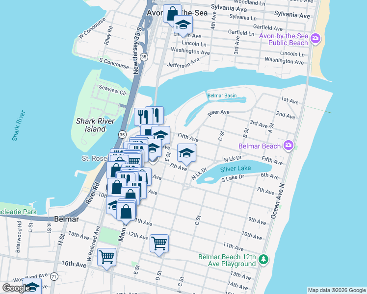 map of restaurants, bars, coffee shops, grocery stores, and more near 505 5th Avenue in Belmar