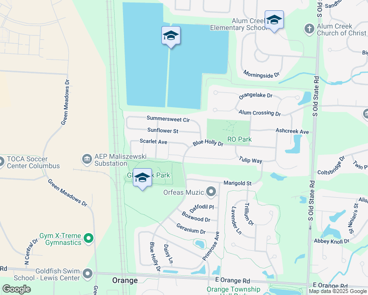 map of restaurants, bars, coffee shops, grocery stores, and more near 1647 Scarlet Avenue in Lewis Center