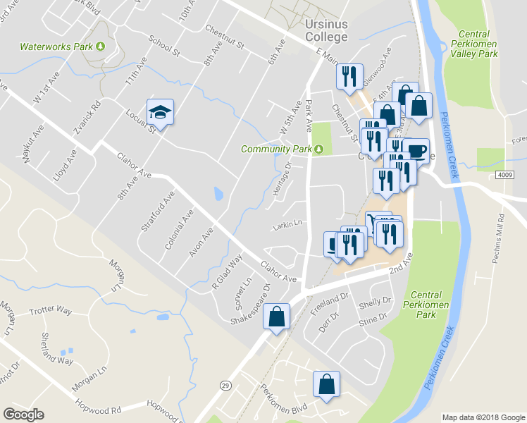 map of restaurants, bars, coffee shops, grocery stores, and more near 137 Heritage Drive in Collegeville