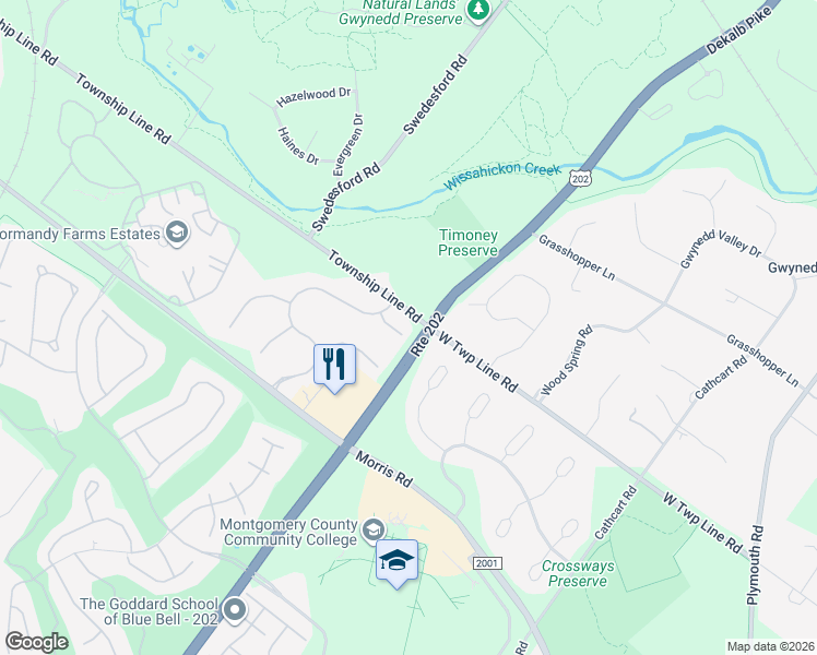 map of restaurants, bars, coffee shops, grocery stores, and more near 1421 Hampstead Court in Blue Bell