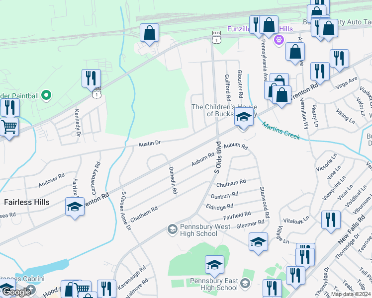 map of restaurants, bars, coffee shops, grocery stores, and more near 681 Trenton Road in Fairless Hills