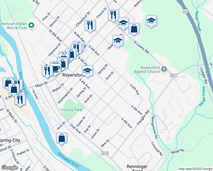 map of restaurants, bars, coffee shops, grocery stores, and more near 415 South 5th Avenue in Royersford