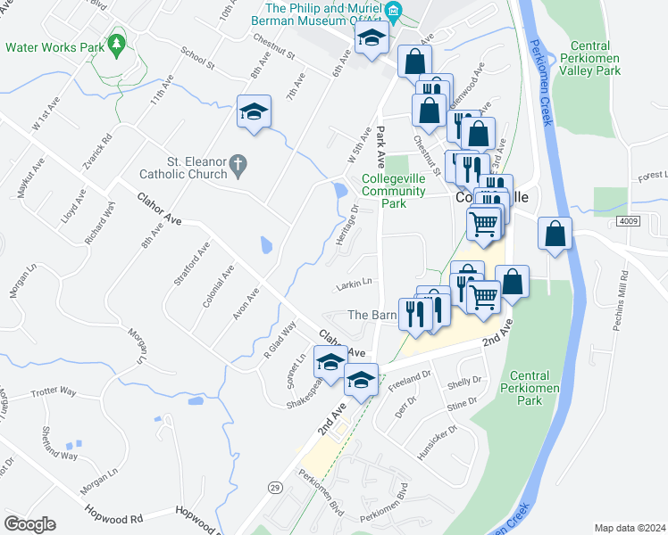 map of restaurants, bars, coffee shops, grocery stores, and more near 157 Heritage Drive in Collegeville