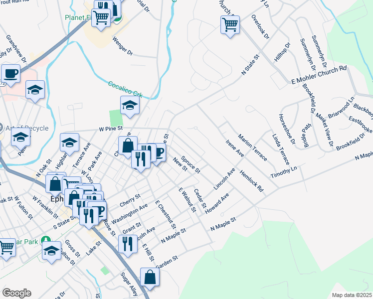 map of restaurants, bars, coffee shops, grocery stores, and more near 47 East Pine Street in Ephrata