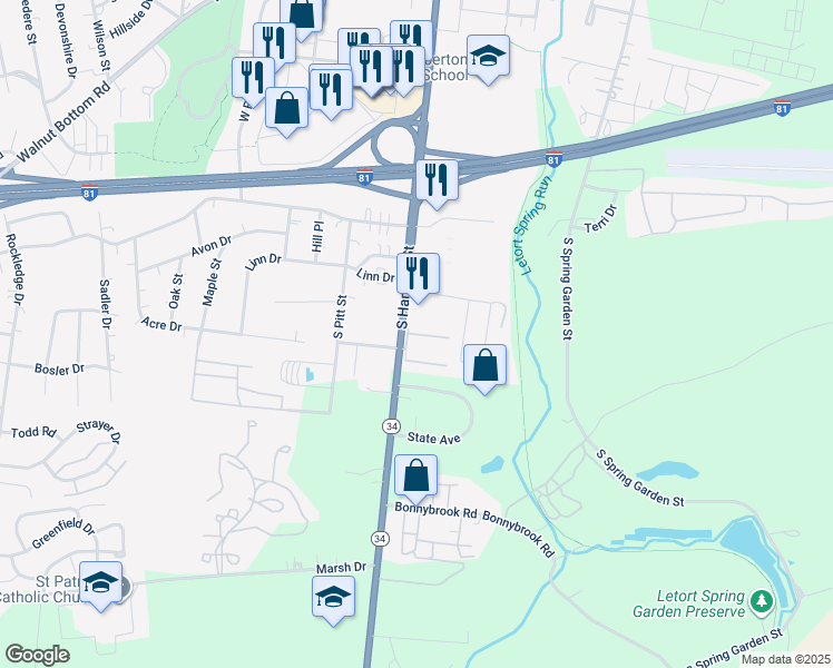 map of restaurants, bars, coffee shops, grocery stores, and more near 21 Bentley Place in Carlisle