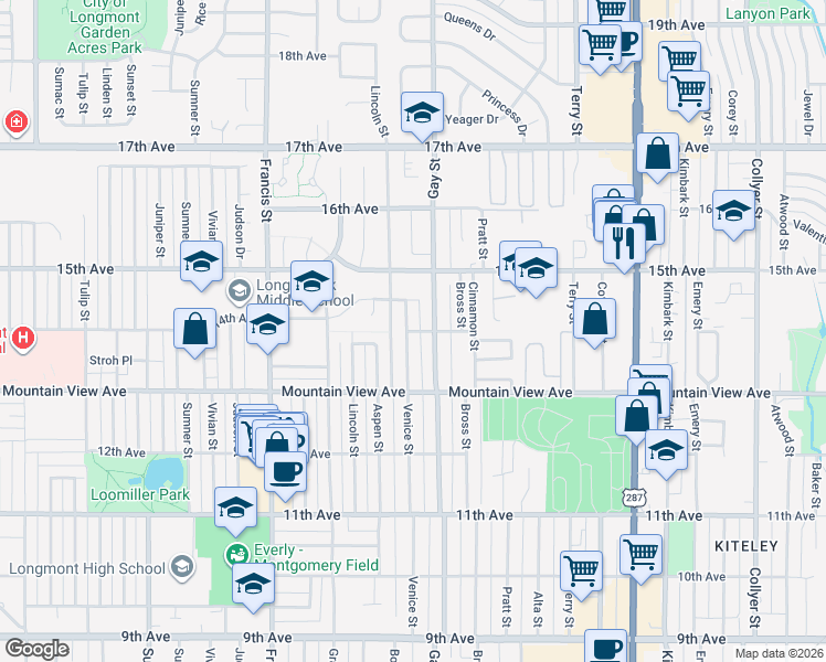 map of restaurants, bars, coffee shops, grocery stores, and more near 1378 14th Avenue in Longmont