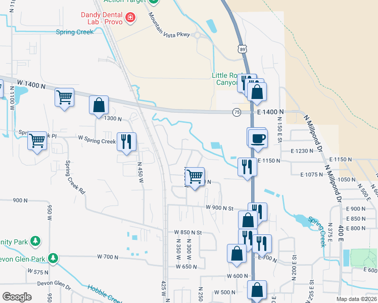 map of restaurants, bars, coffee shops, grocery stores, and more near 1025 North 300 West in Springville