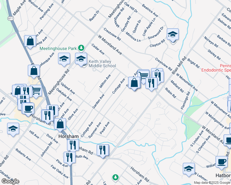 map of restaurants, bars, coffee shops, grocery stores, and more near 227 Cottage Avenue in Horsham