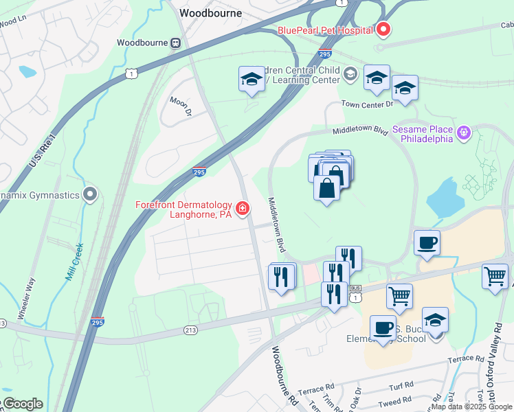 map of restaurants, bars, coffee shops, grocery stores, and more near 454 Woodbourne Road in Langhorne