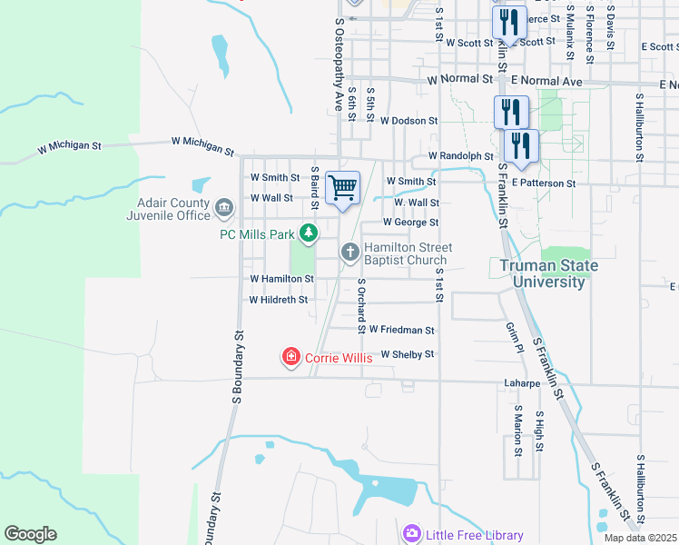 map of restaurants, bars, coffee shops, grocery stores, and more near 1673 West Hamilton Street in Kirksville