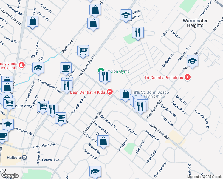 map of restaurants, bars, coffee shops, grocery stores, and more near 159 County Line Road in Hatboro