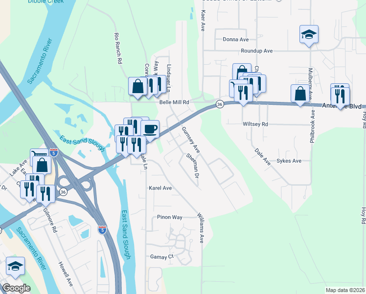 map of restaurants, bars, coffee shops, grocery stores, and more near 322 Breese Avenue in Red Bluff
