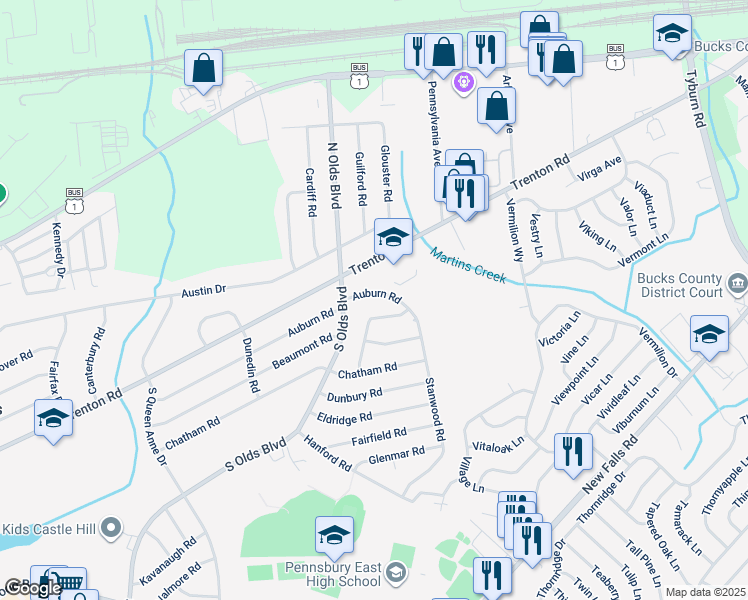 map of restaurants, bars, coffee shops, grocery stores, and more near 810 Auburn Road in Fairless Hills