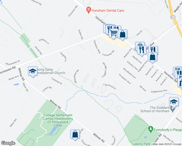 map of restaurants, bars, coffee shops, grocery stores, and more near 56 Ember Lane in Horsham