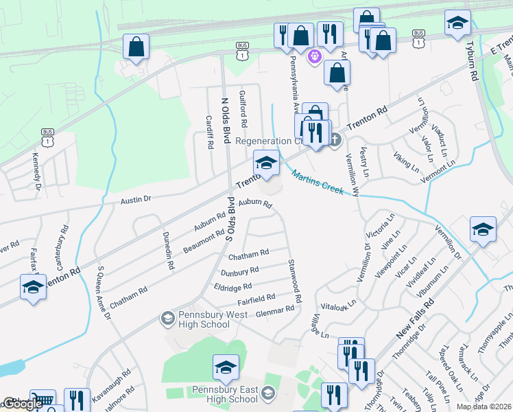 map of restaurants, bars, coffee shops, grocery stores, and more near 815 Auburn Road in Fairless Hills