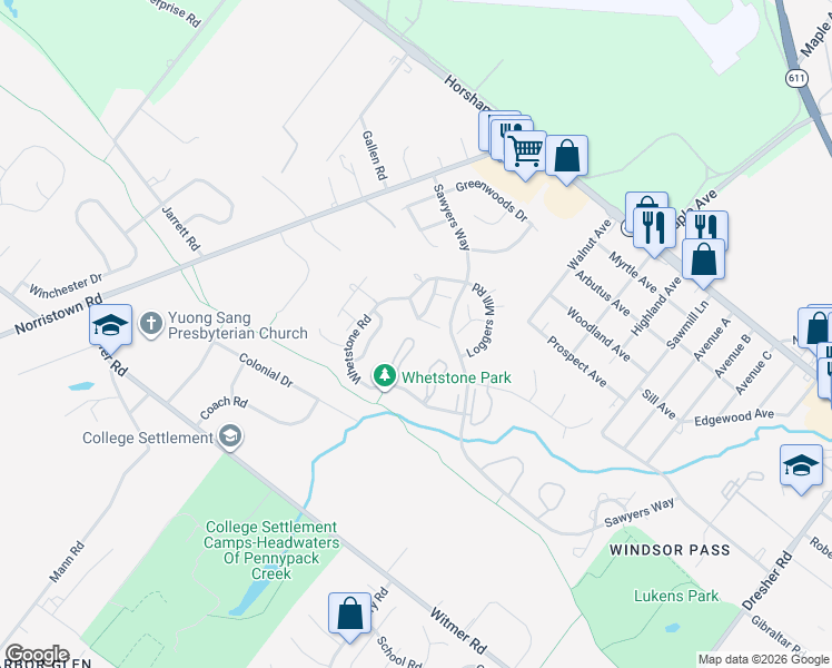 map of restaurants, bars, coffee shops, grocery stores, and more near 45 Ember Lane in Horsham