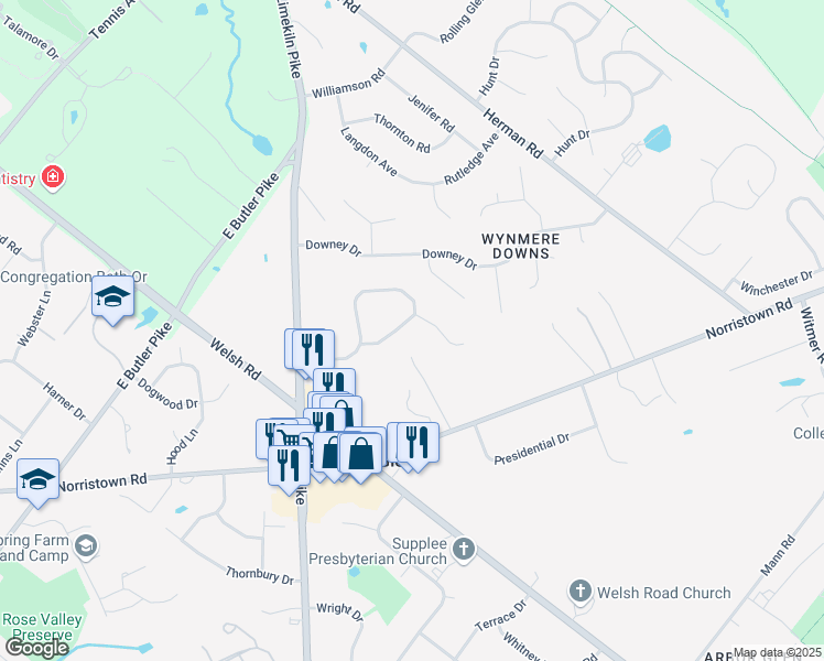map of restaurants, bars, coffee shops, grocery stores, and more near 601 Misty Hollow Drive in Maple Glen