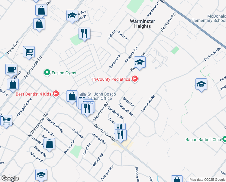 map of restaurants, bars, coffee shops, grocery stores, and more near 136 Newtown Road in Warminster