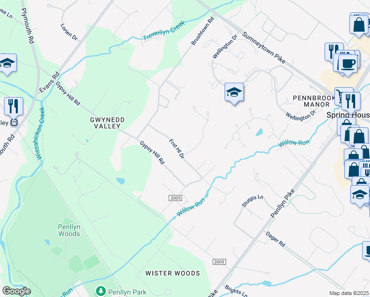 map of restaurants, bars, coffee shops, grocery stores, and more near 705 Fox Hollow Road in Ambler