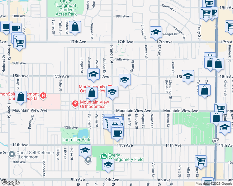 map of restaurants, bars, coffee shops, grocery stores, and more near 1415 14th Avenue in Longmont