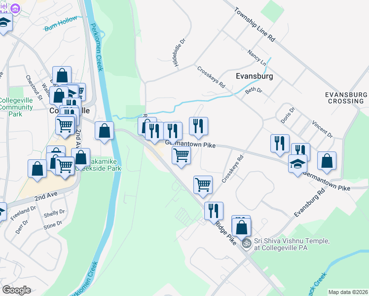 map of restaurants, bars, coffee shops, grocery stores, and more near 3950 Germantown Pike in Collegeville