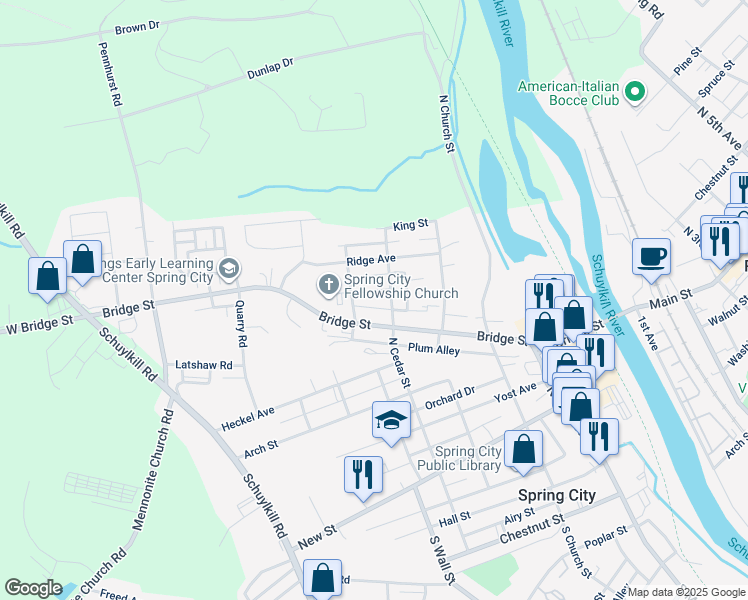 map of restaurants, bars, coffee shops, grocery stores, and more near 426 Queen Street in Spring City