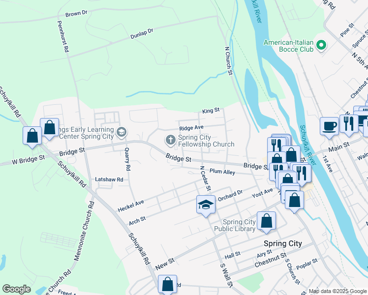 map of restaurants, bars, coffee shops, grocery stores, and more near 446 Queen Street in Spring City