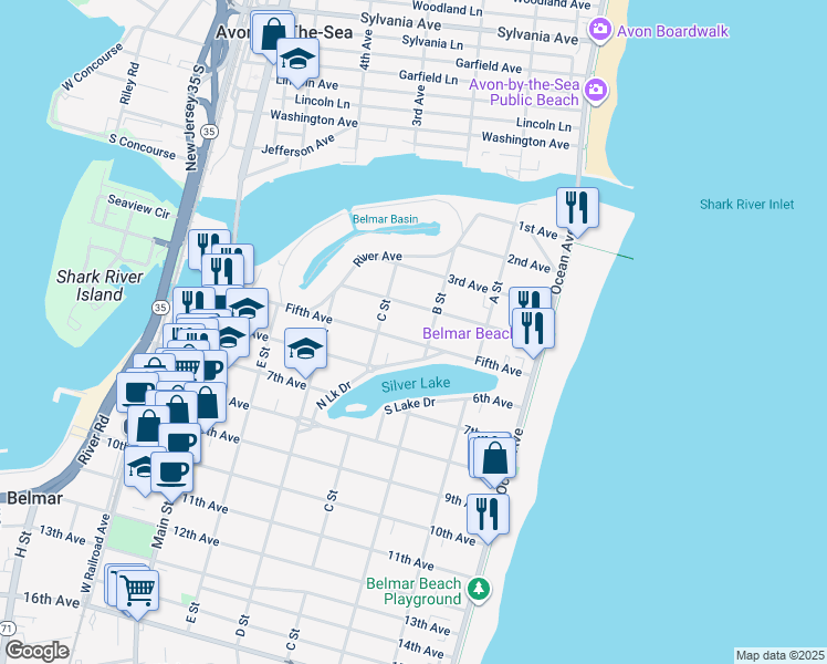 map of restaurants, bars, coffee shops, grocery stores, and more near 304 5th Avenue in Belmar