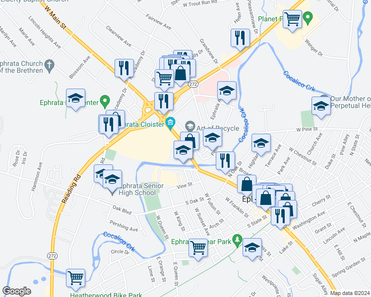 map of restaurants, bars, coffee shops, grocery stores, and more near 513 West Main Street in Ephrata