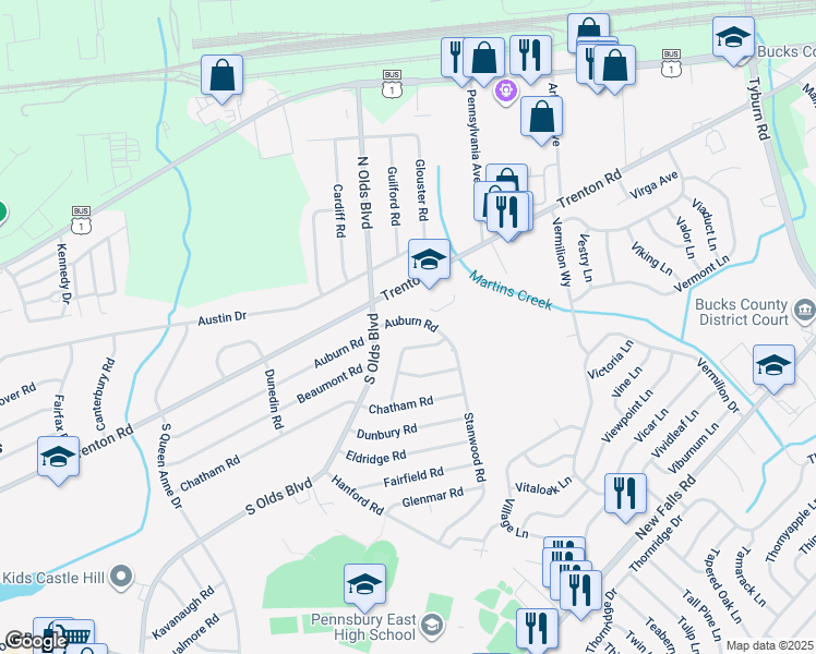 map of restaurants, bars, coffee shops, grocery stores, and more near 810 Auburn Road in Fairless Hills