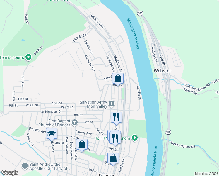 map of restaurants, bars, coffee shops, grocery stores, and more near 999 Thompson Avenue in Donora