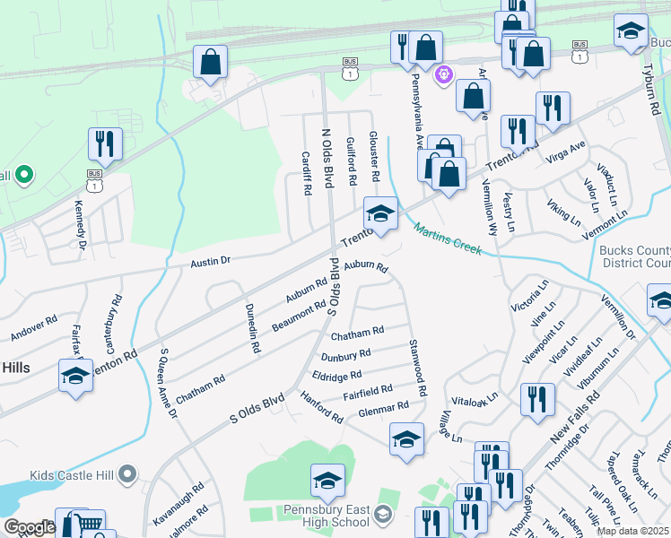 map of restaurants, bars, coffee shops, grocery stores, and more near 748 South Olds Boulevard in Fairless Hills
