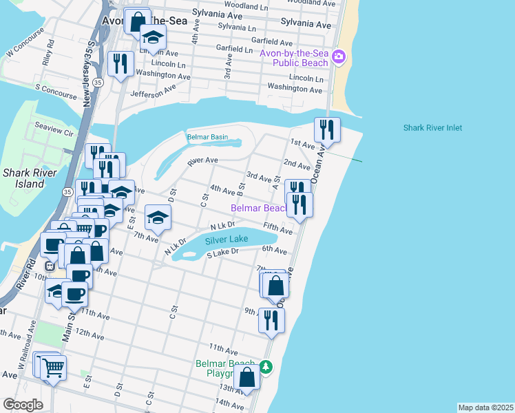 map of restaurants, bars, coffee shops, grocery stores, and more near 207 4th Avenue in Belmar