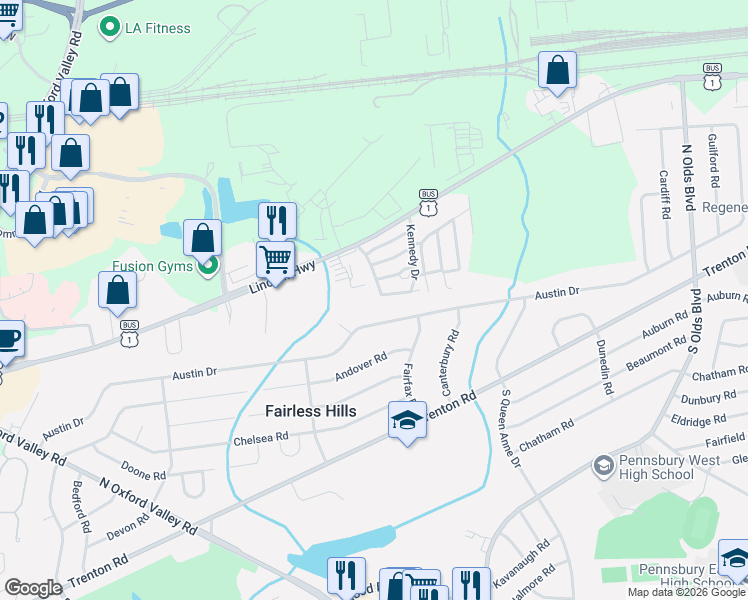map of restaurants, bars, coffee shops, grocery stores, and more near 15 Kennedy Drive in Fairless Hills
