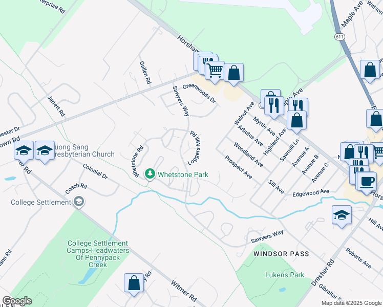 map of restaurants, bars, coffee shops, grocery stores, and more near in Horsham
