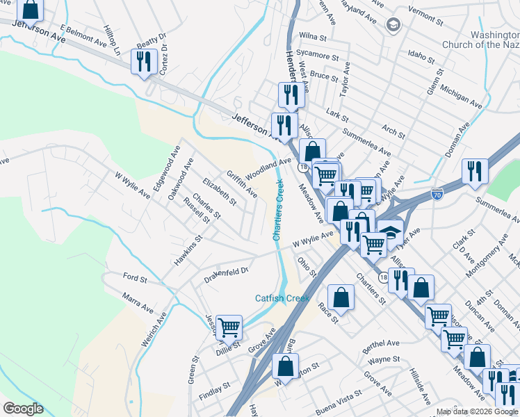 map of restaurants, bars, coffee shops, grocery stores, and more near 43 Griffith Avenue in Washington