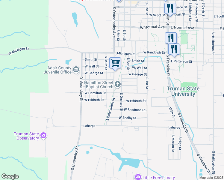 map of restaurants, bars, coffee shops, grocery stores, and more near 1673 West Hamilton Street in Kirksville