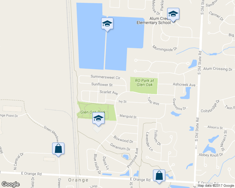map of restaurants, bars, coffee shops, grocery stores, and more near 1647 Scarlet Avenue in Lewis Center