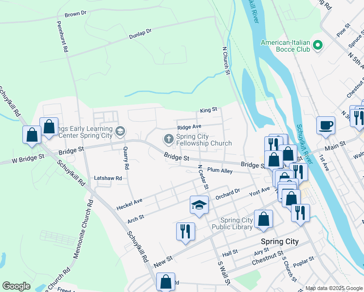 map of restaurants, bars, coffee shops, grocery stores, and more near 446 Queen Street in Spring City