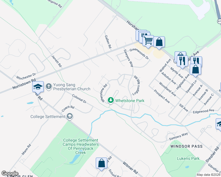 map of restaurants, bars, coffee shops, grocery stores, and more near 15 Bark Hollow Lane in Horsham