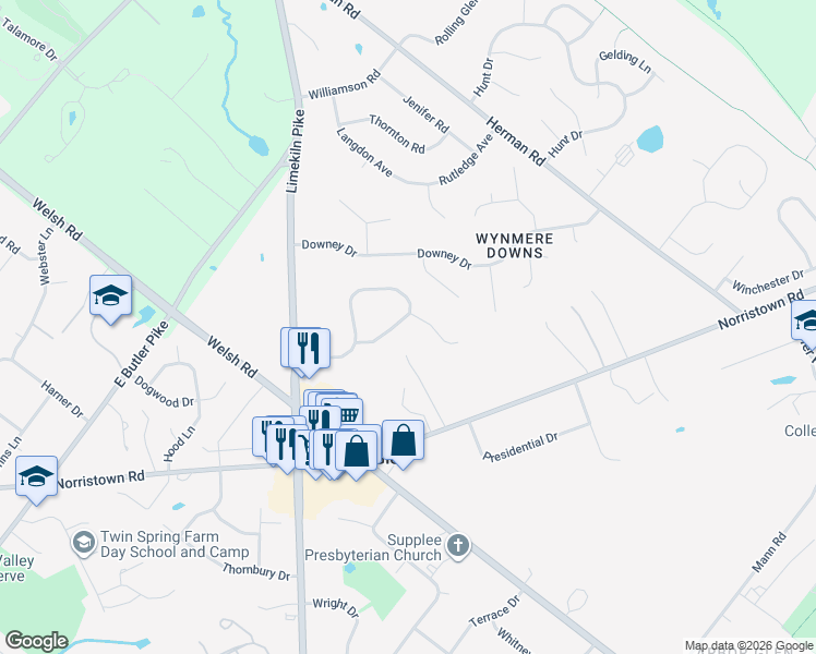 map of restaurants, bars, coffee shops, grocery stores, and more near 601 Misty Hollow Drive in Maple Glen