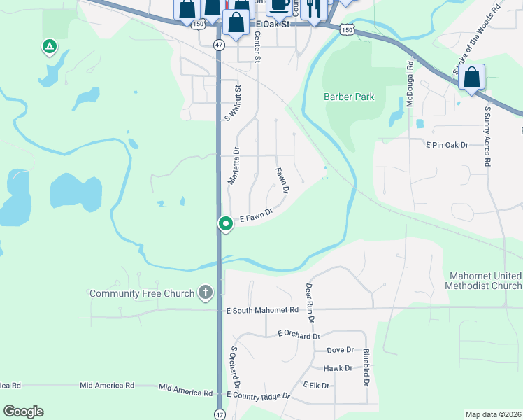 map of restaurants, bars, coffee shops, grocery stores, and more near 1208 South Center Street in Mahomet