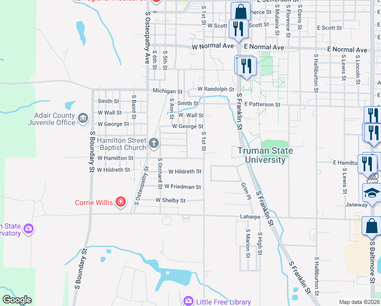 map of restaurants, bars, coffee shops, grocery stores, and more near 1521-1599 S Riggen St in Kirksville